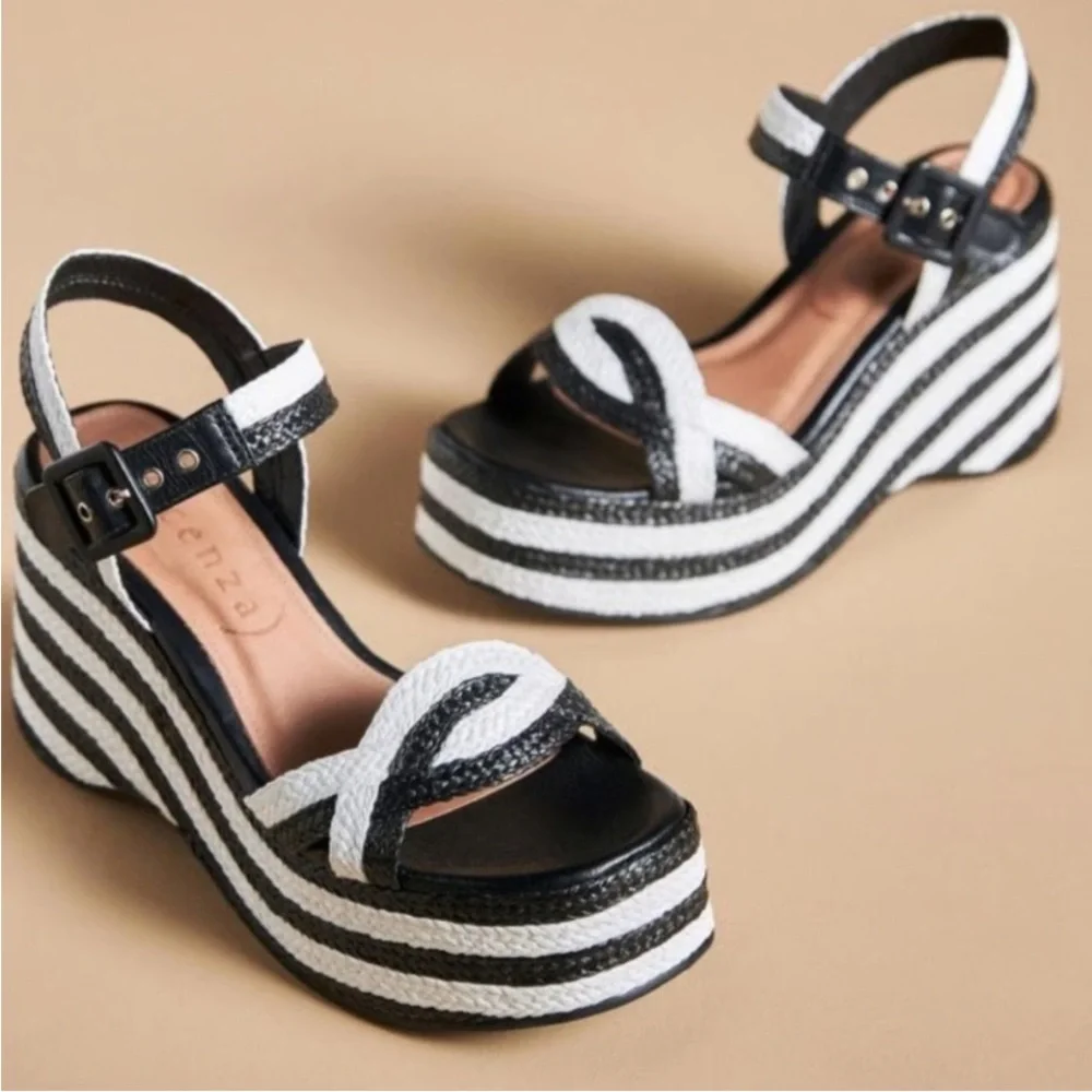Anthropologie Striped Black and White Espadrille Wedges
